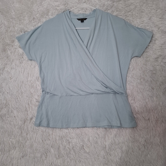 Brooks Brothers Wrap Blue Top Womens Size Large Draped Short Sleeve Rayon - Picture 2 of 9